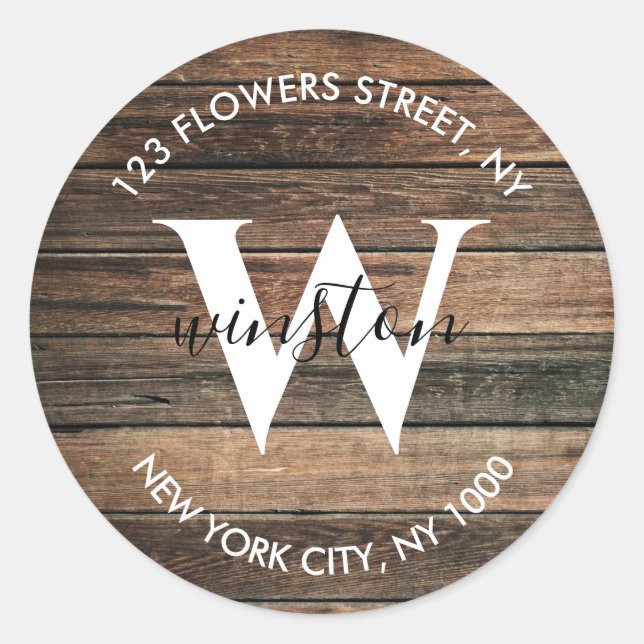 Rustic Wood Boho Monogram Rücksendeadresse Runder Aufkleber (Vorderseite)