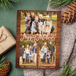 Rustic Wood Brush Script Familie 3 Foto Ferien Postkarte<br><div class="desc">Rustic Wood Brush Script Familie 3 Foto Happy Holidays Postcard</div>
