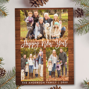 Rustic Wood Brush Script Familie 3 Foto Neujahr Postkarte