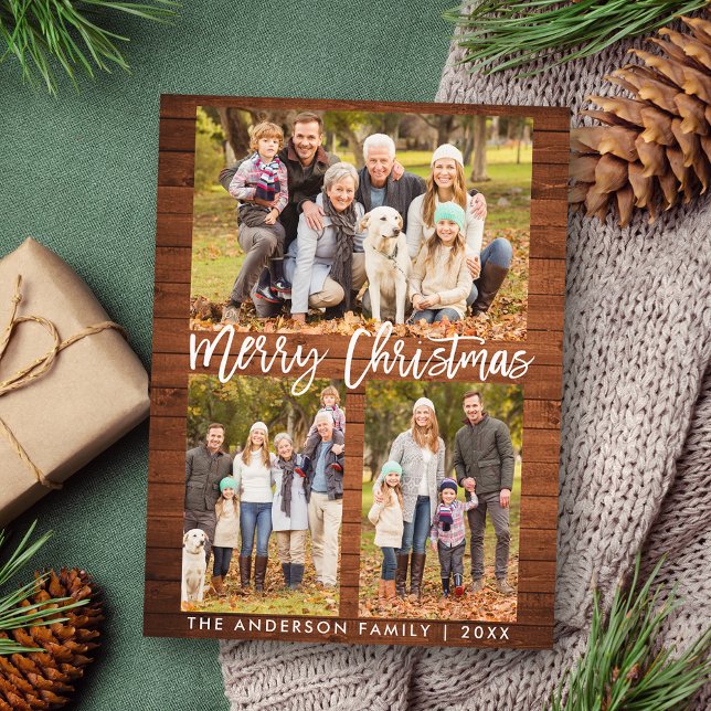 Rustic Wood Brush Script Family 3 Foto Weihnachten Postkarte (Customize to change your personalized text size or text style.)