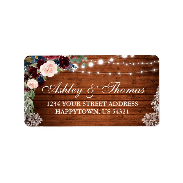 Rustic Wood Burgundy Blue Floral Address Adressaufkleber (Vorne)