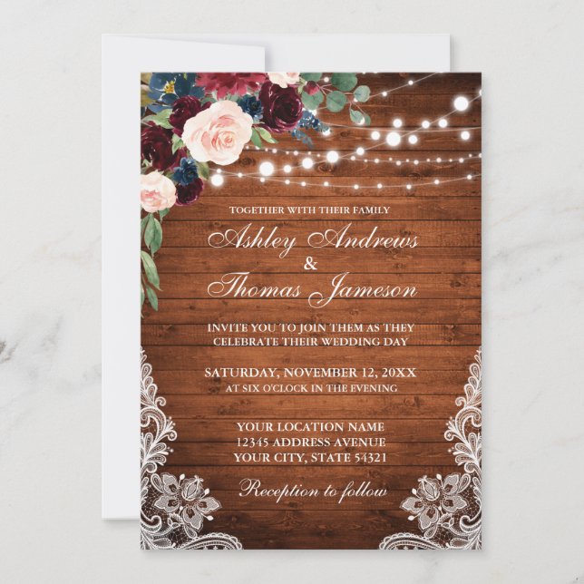 Rustic Wood Burgundy Blue Floral Wedite Einladung (Vorderseite)