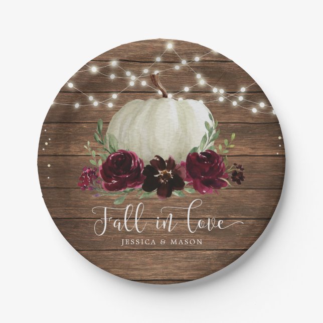 Rustic Wood Burgundy Blume Pumpkin Teller (Vorderseite)