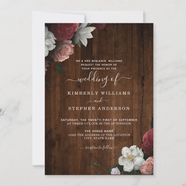 Rustic Wood Burgundy Blush Bloral Formal Hochzeit Einladung (Vorderseite)