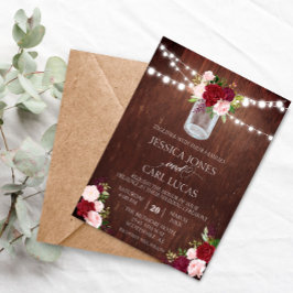Rustic Wood Burgundy Blush Pink Rose Mason Jar Einladung
