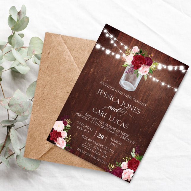 Rustic Wood Burgundy Blush Pink Rose Mason Jar Einladung (Von Creator hochgeladen)