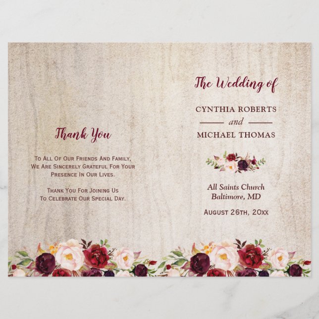Rustic Wood Burgundy Floral Folded Wedding Program (Vorderseite)