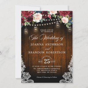 Rustic Wood Burgundy Floral Mason Jar Wedding Einladung