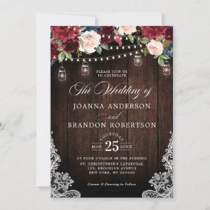 Rustic Wood Burgundy Floral Mason Jar Wedding Einladung