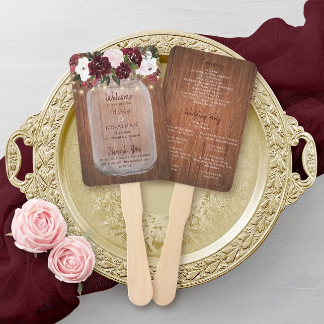Rustic Wood Burgundy Floral Mason Jar Wedding Fächer (Von Creator hochgeladen)