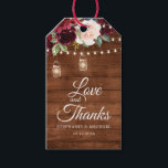 Rustic Wood Burgundy Floral Mason Jar Wedding Geschenkanhänger<br><div class="desc">Rustikales Land Holz Blumengestein Hochzeitsfeier und Dankeschön Geschenk-Tag bietet handgemalte Aquarell Blumengrafik / Rose in den reichen Tönen Burgund , Marsala Rot Marineblau und rot / pfirsichfarben und charmante handgeschriebenen Stil Schriftart mit Streichlichter Mason Glas und Spitzen Holz Hintergrund. Bitte kontaktieren Sie mich für Hilfe bei der Anpassung oder wenn...</div>