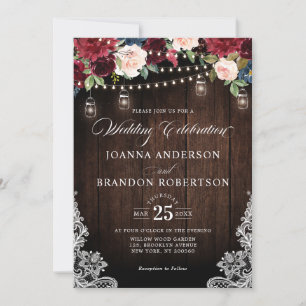 Rustic Wood Burgundy Floral Mason Jar Wedding Invi Einladung