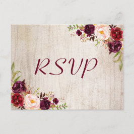 Rustic Wood Burgundy Floral Wedding RSVP Response Postkarte