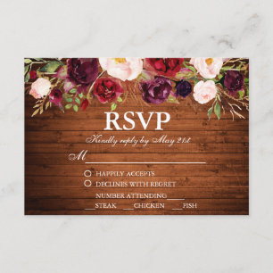 Rustic Wood Burgundy Floral Wedding RSVP w/food