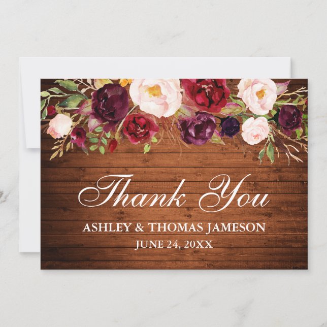 Rustic Wood Burgundy Floral Wedding Vielen Dank Dankeskarte (Vorderseite)