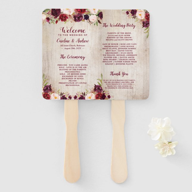 Rustic Wood Burgundy Red Floral Wedding Program Fächer (Vorne und Hinten)