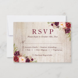 Rustic Wood Burgundy Red Floral Wedding RSVP