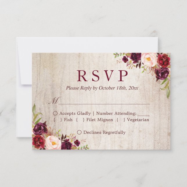 Rustic Wood Burgundy Red Floral Wedding RSVP (Vorderseite)