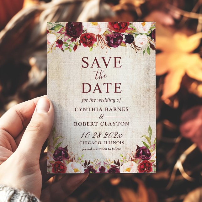 Rustic Wood Burgundy Red Floral Wedding Save The Date (Von Creator hochgeladen)