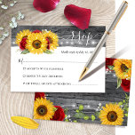 Rustic Wood Burgundy Rote Rose Sonnenblumenhochzei RSVP Karte<br><div class="desc">Wenn Sonnenblumen und bordeauxrote rote Rosen Teil Ihres großen Tages sind, können diese schönen rustikalen RSVP-Karten perfekt zu Ihrer Hochzeitseinladung Papier ergänzen. Das einzigartige Blumendesign, das von Raphaela Wilson mit Originalkunst entworfen wurde, zeigt handbemalte Aquarellblumen und bordeauxfarbene Rose auf einem grauen Vintagen Holzboden. Stringleuchten verleihen der Vorder- und Rückseite ein...</div>