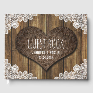 Rustic Wood Burlap et dentelle Mariage livre d'hôt