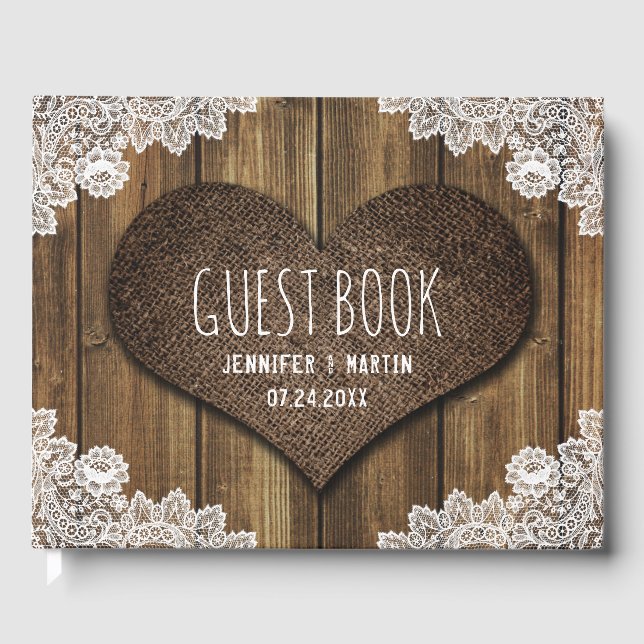 Rustic Wood Burlap et dentelle Mariage livre d'hôt (Recto)