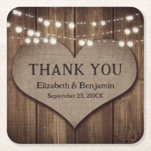 Rustic Wood Burlap Heart Wedding Vielen Dank Rechteckiger Pappuntersetzer