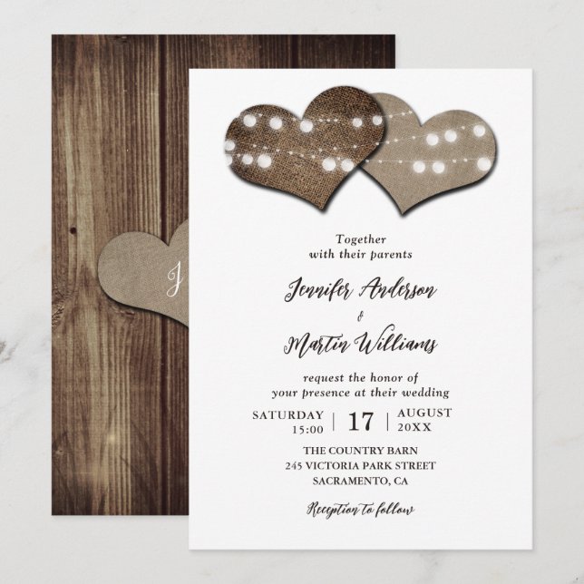 Rustic Wood Burlap Hearts Wedding Einladung (Vorne/Hinten)