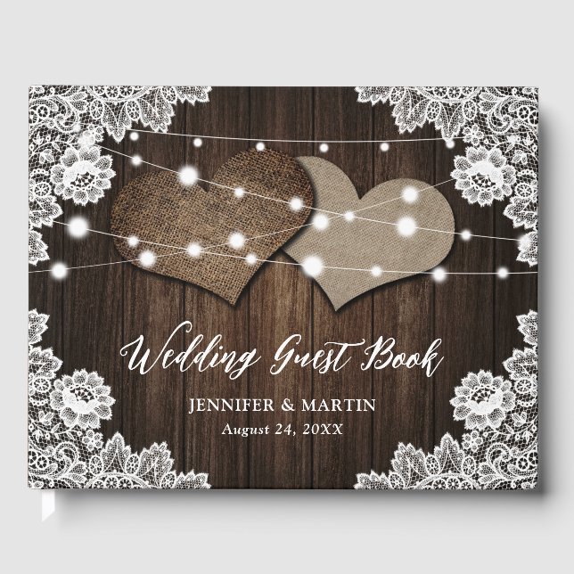 Rustic Wood Burlap Hearts Wedding Gästebuch (Vorderseite)