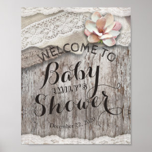 Rustic Wood Burlap Lace Baby Dusche Begrüßungszeic Poster