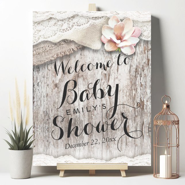 Rustic Wood Burlap Lace Baby Dusche Begrüßungszeic Poster (Von Creator hochgeladen)