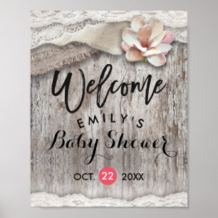 Rustic Wood Burlap Lace Baby Dusche Begrüßungszeic Poster