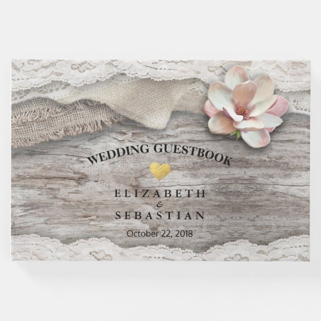 Rustic Wood Burlap Lace Floral Wedbook Gästebuch (Vorderseite)