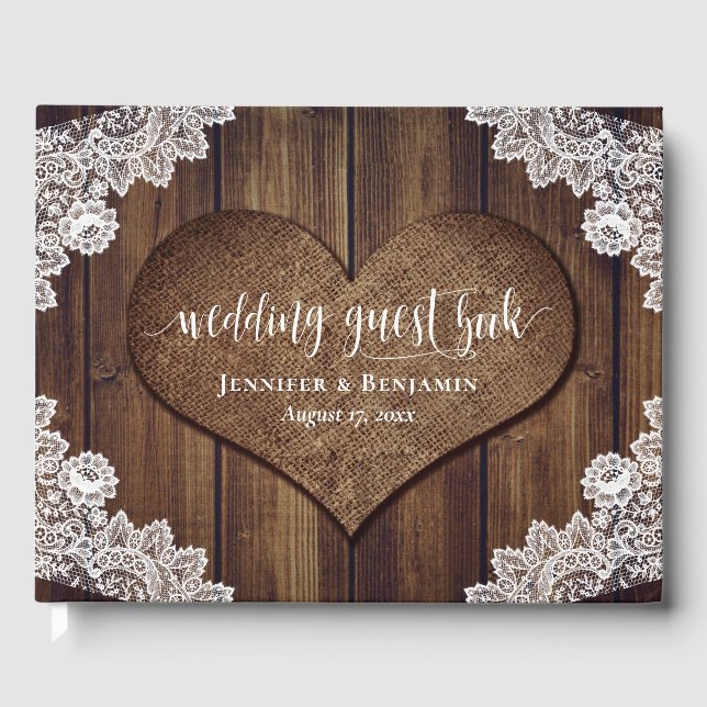 Rustic Wood Burlap Lace Wedding Gästebuch (Vorderseite)