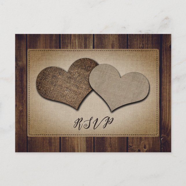 Rustic Wood Burlap Lace Wedding RSVP Postcard Einladungspostkarte (Vorderseite)