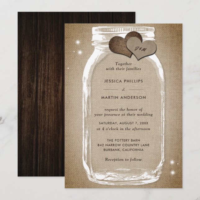 Rustic Wood Burlap Mason Jar Wedding Einladungen (Vorne/Hinten)
