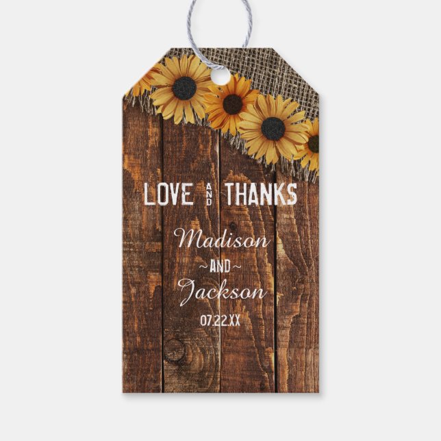 Rustic Wood Burlap Sonnenblume Hochzeit Liebe & Da Geschenkanhänger (Vorderseite)