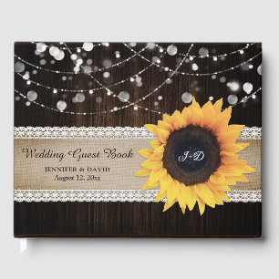 Rustic Wood Burlap Sunflower Livre d'invité Mariag