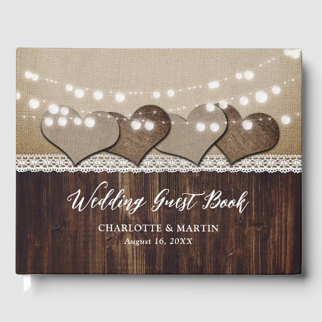 Rustic Wood Burlap und Lace Wedding Gästebuch (Vorderseite)