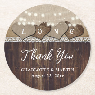 Rustic Wood Burlap und Lace Wedding Vielen Dank Runder Pappuntersetzer