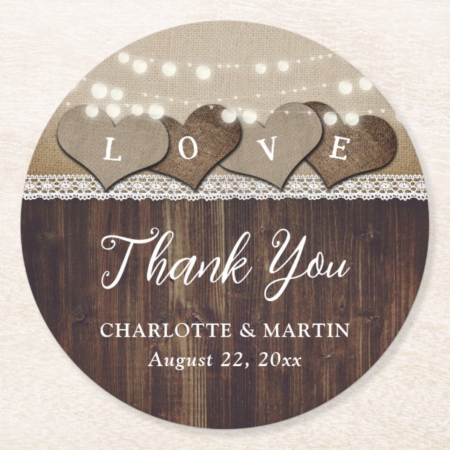 Rustic Wood Burlap und Lace Wedding Vielen Dank Runder Pappuntersetzer (Vorderseite)