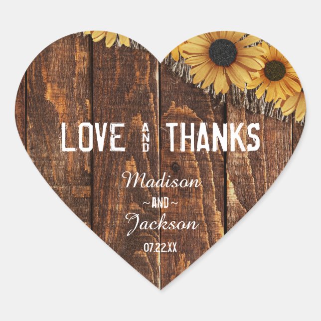 Rustic Wood & Burlap Wedding Liebe & Vielen Dank Herz-Aufkleber (Vorderseite)