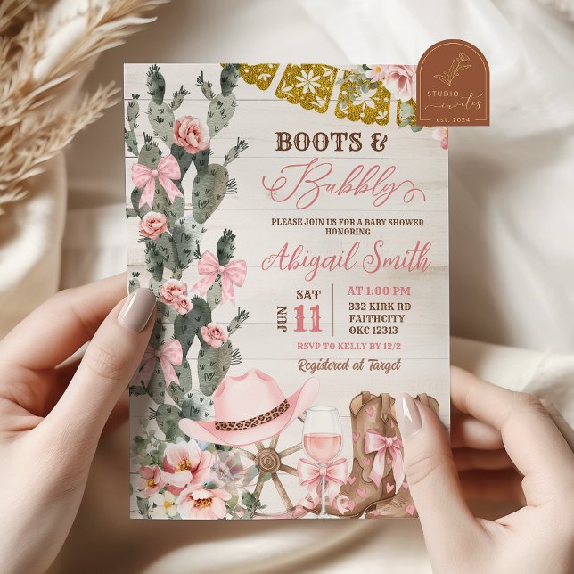 Rustic Wood Cactus Boots and Bubbly Bridal Shower Einladung (Von Creator hochgeladen)