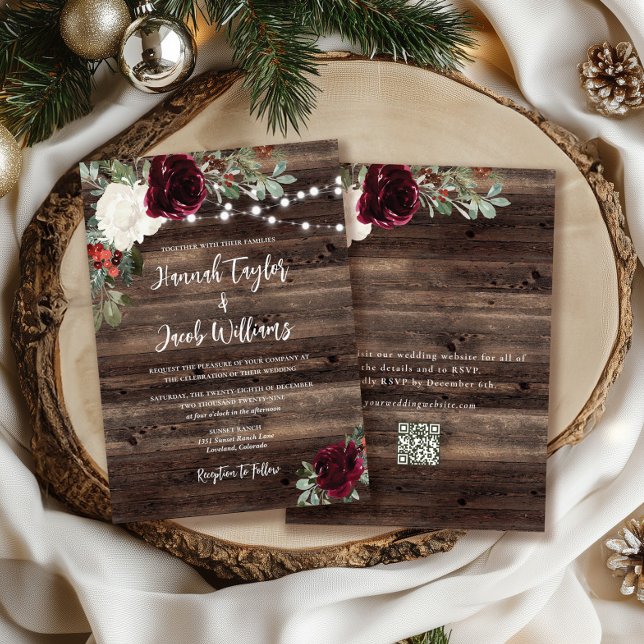 Rustic Wood Christmas QR Code Wedding Einladung (Von Creator hochgeladen)