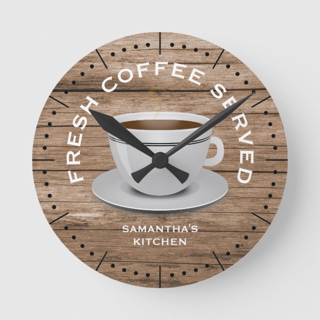 Rustic Wood Coffee Theme Farmhouse Kitchen Runde Wanduhr (Vorderseite)