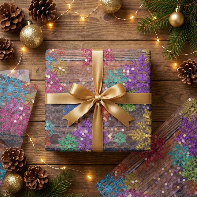 Rustic Wood Colorful Glitter Snowflakes Christmas Seidenpapier (Von Creator hochgeladen)