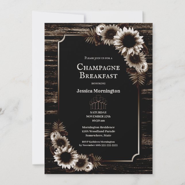 Rustic Wood Country Floral Champagne Frühstück Einladung (Vorderseite)