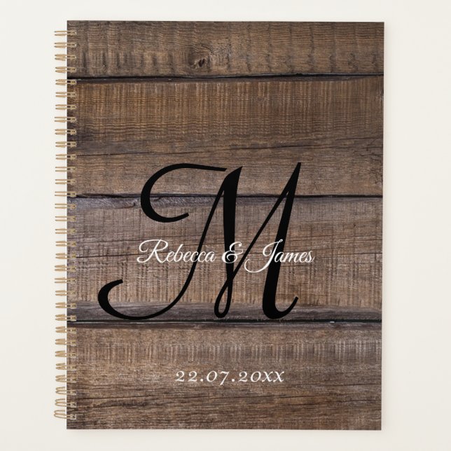 Rustic Wood Country Monogram Script Wedding Planer (Vorderseite)