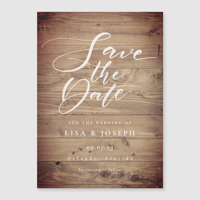 Rustic Wood Country Script Save the Date Magneteinladung (Vorderseite)