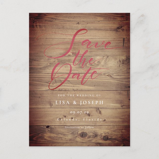Rustic Wood Country Script Save the Date Postkarte (Vorderseite)